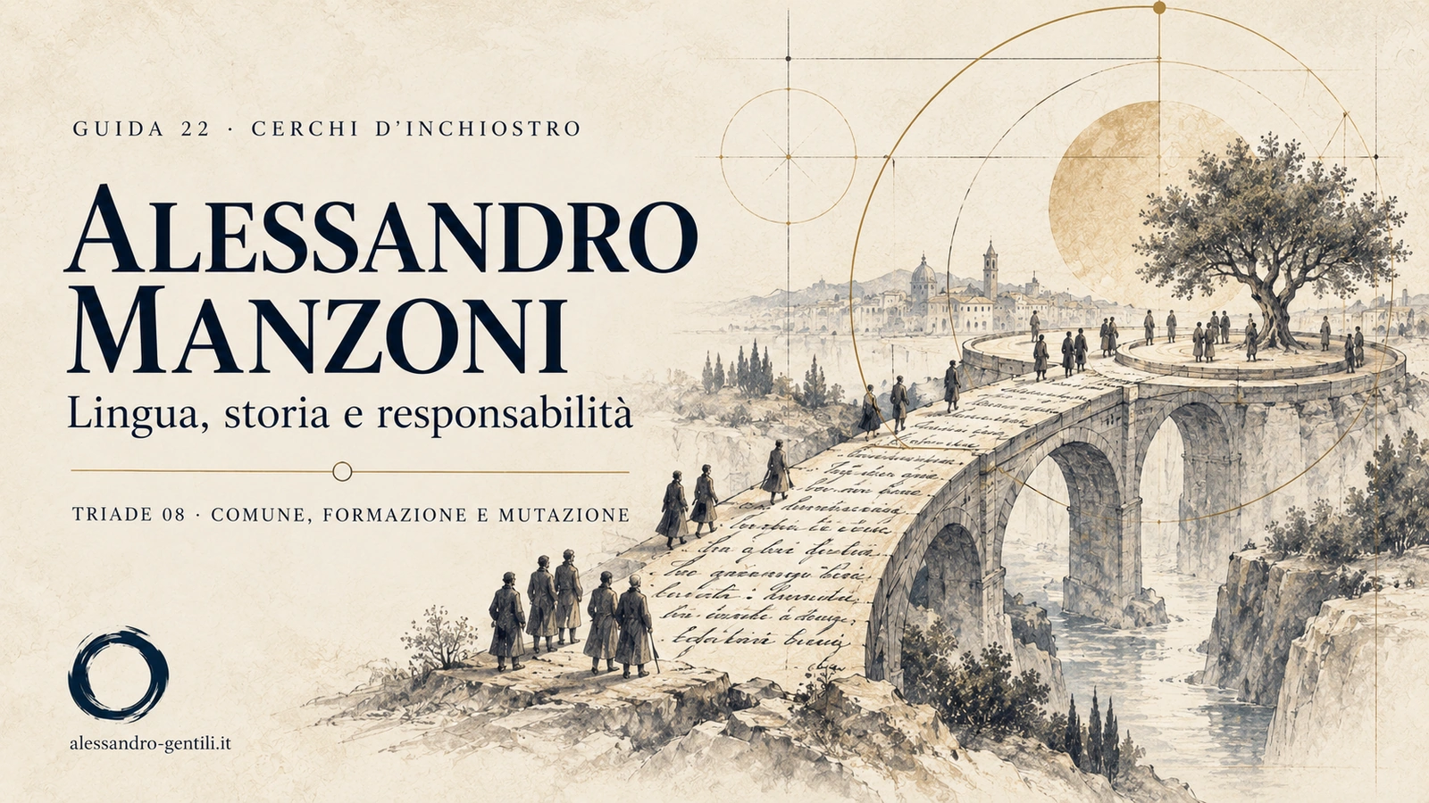 Copertina illustrata della guida ad Alessandro Manzoni: un ponte di parole conduce verso uno spazio comune, tra figure umane, paesaggio e geometrie circolari.