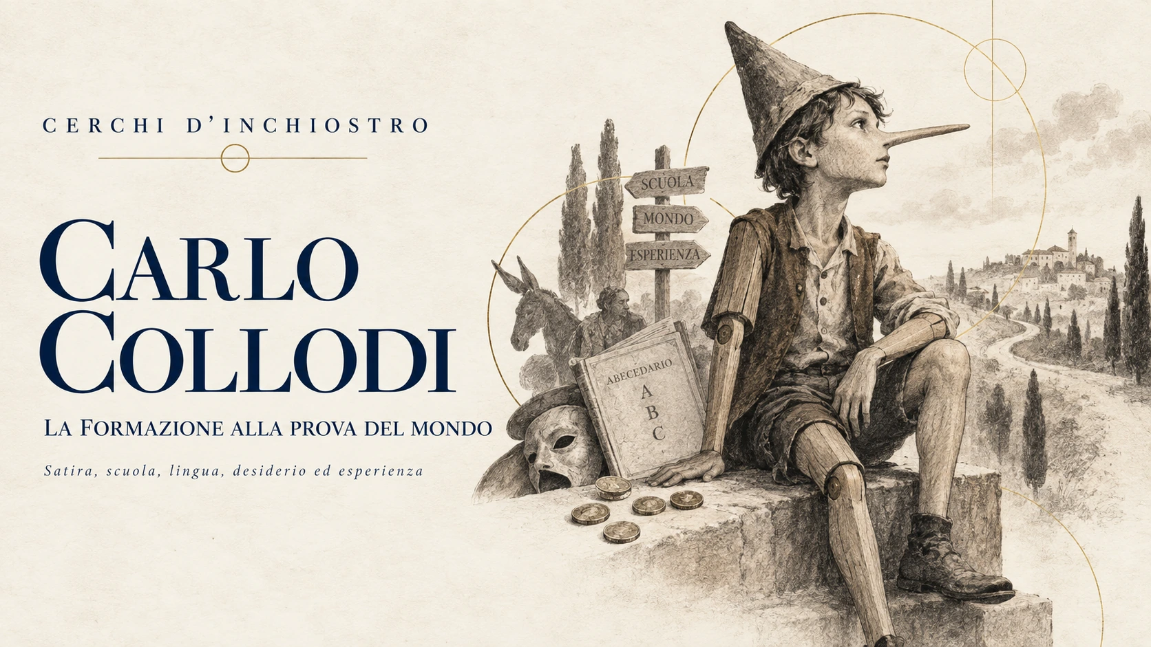 Copertina illustrata della guida a Carlo Collodi, dedicata alla formazione messa alla prova dal mondo.