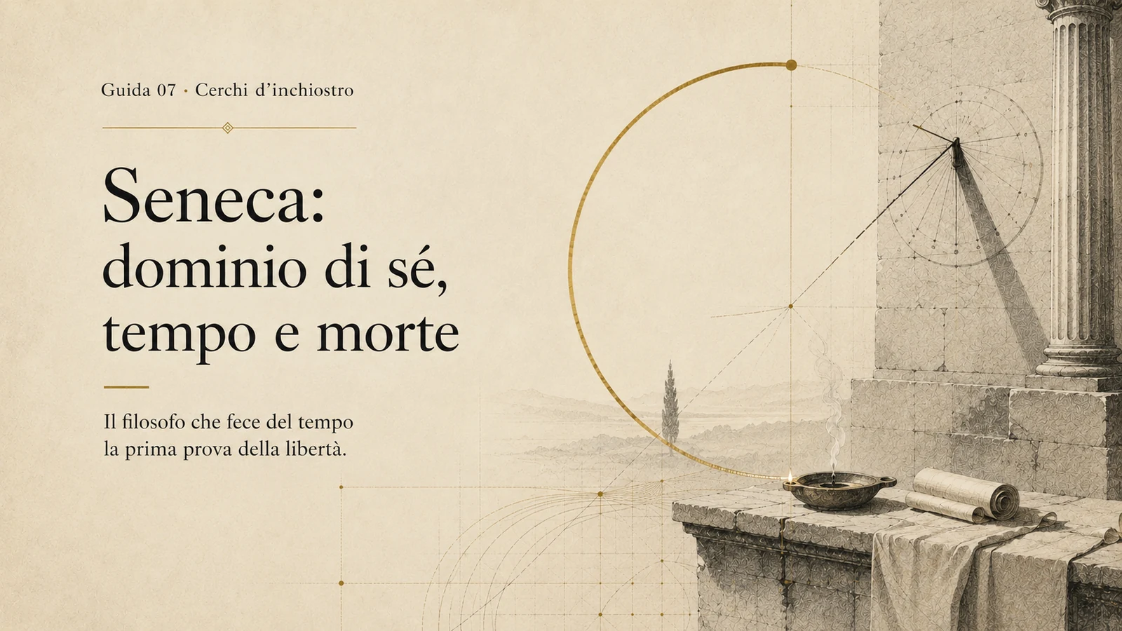 Cover editoriale della guida su Seneca: dominio di sé, tempo e morte, in stile materico e simbolico coerente con Cerchi d’inchiostro.
