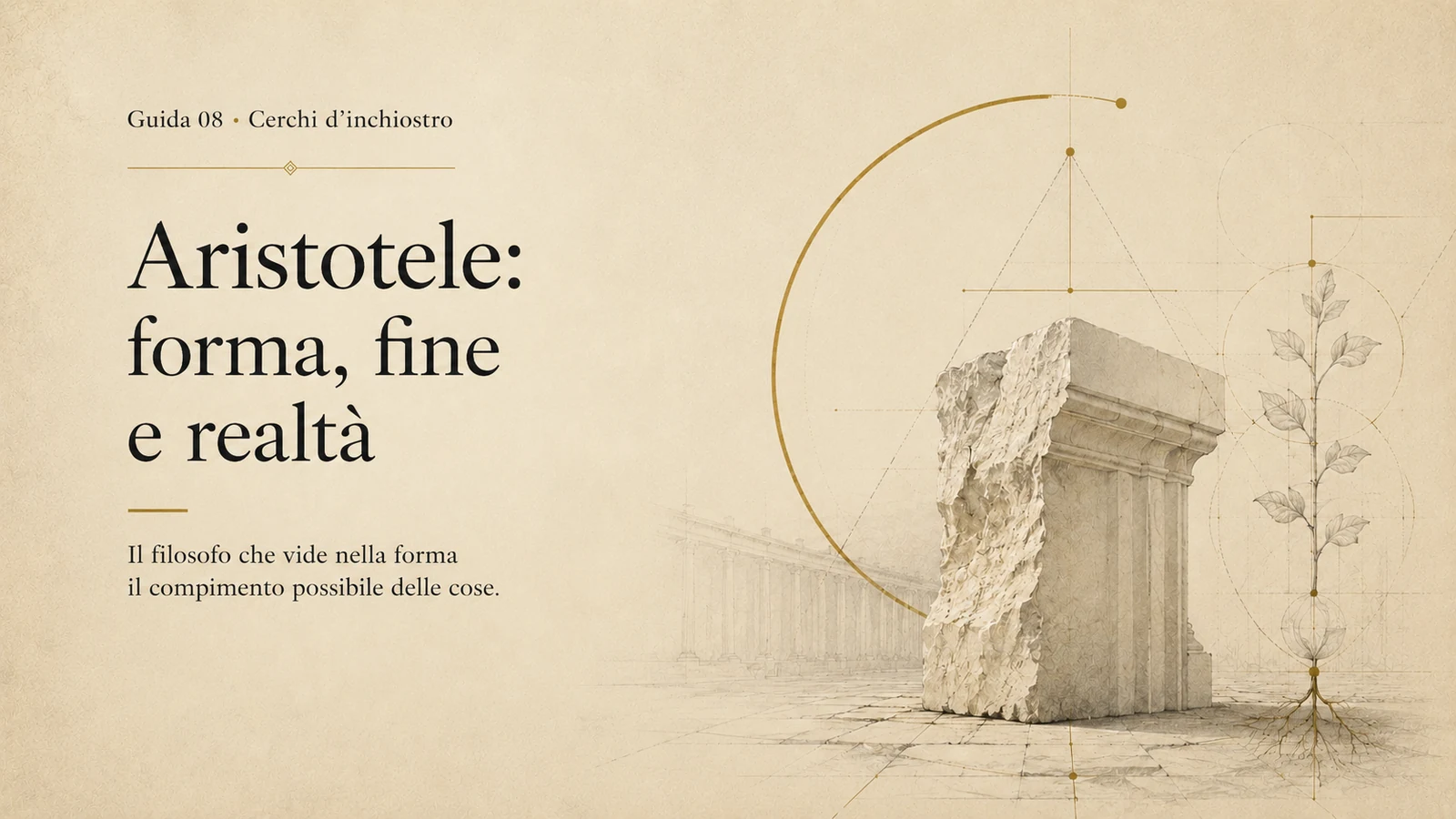 Cover editoriale della guida su Aristotele: forma, fine e realtà, in stile materico e simbolico coerente con Cerchi d’inchiostro.