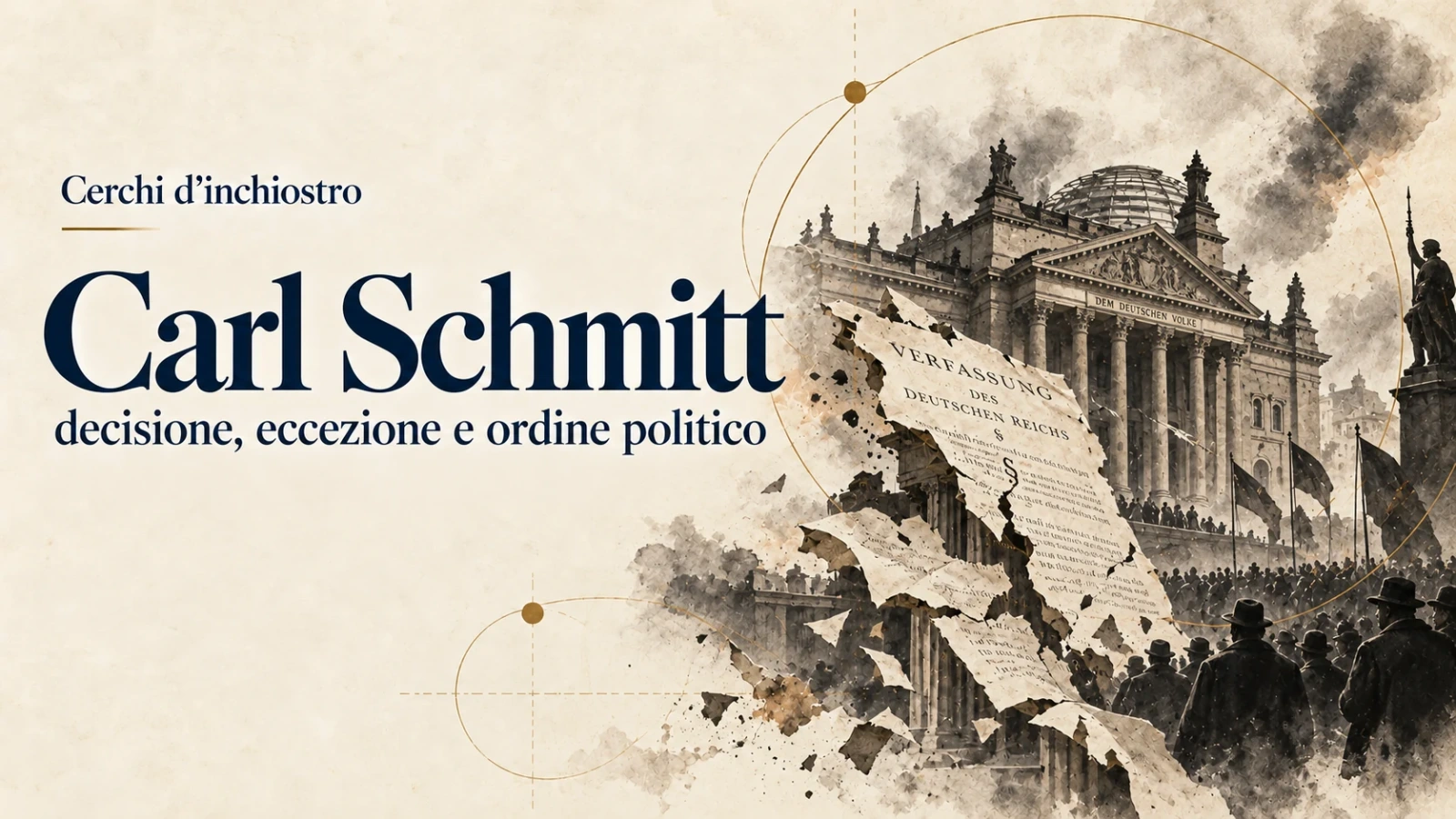 Copertina illustrata di Carl Schmitt: il Reichstag, figure in controluce e documenti evocano decisione, eccezione e ordine politico.