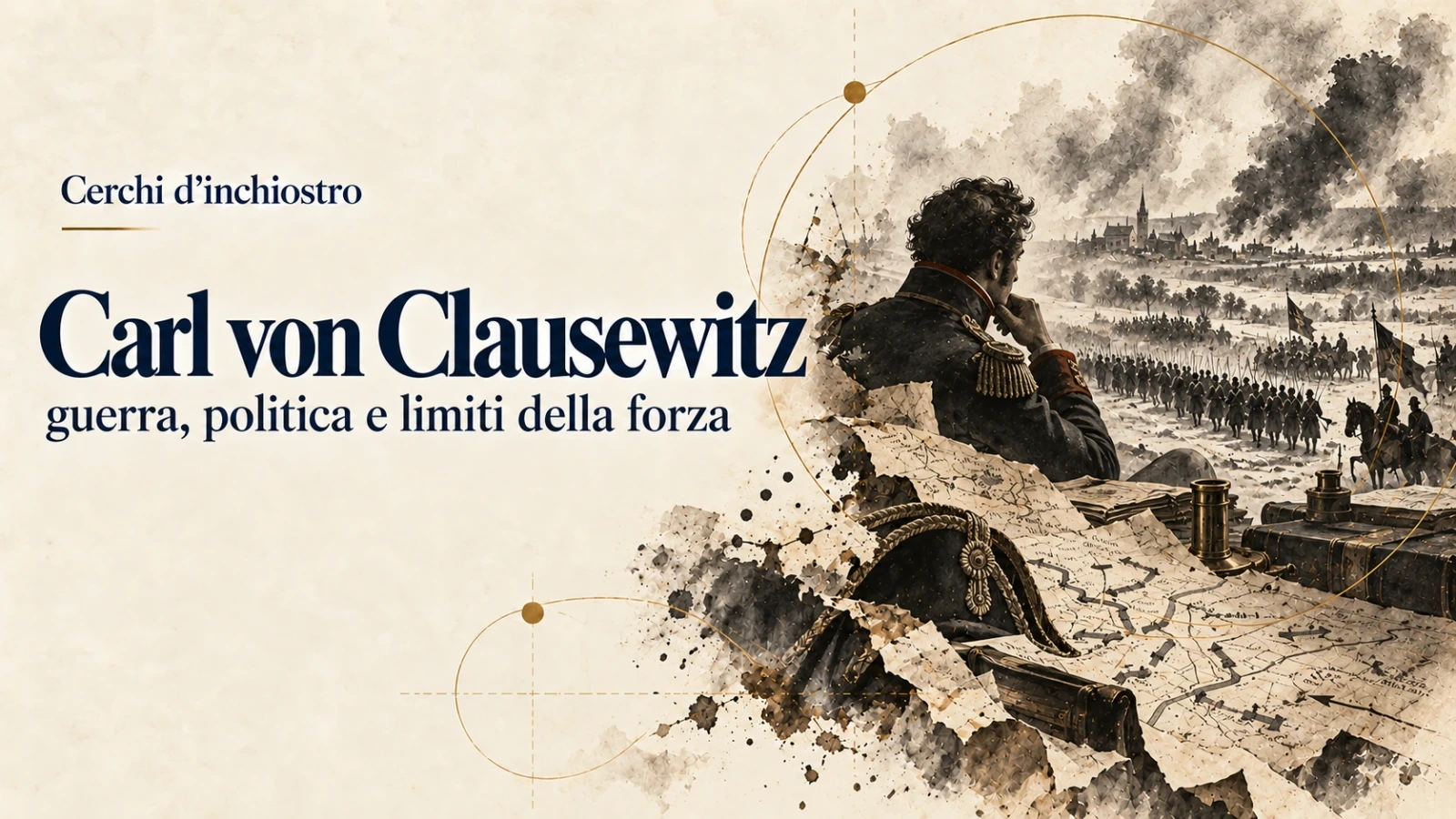 Copertina illustrata di Carl von Clausewitz: il teorico prussiano osserva una campagna militare fra mappe, eserciti e fumo.
