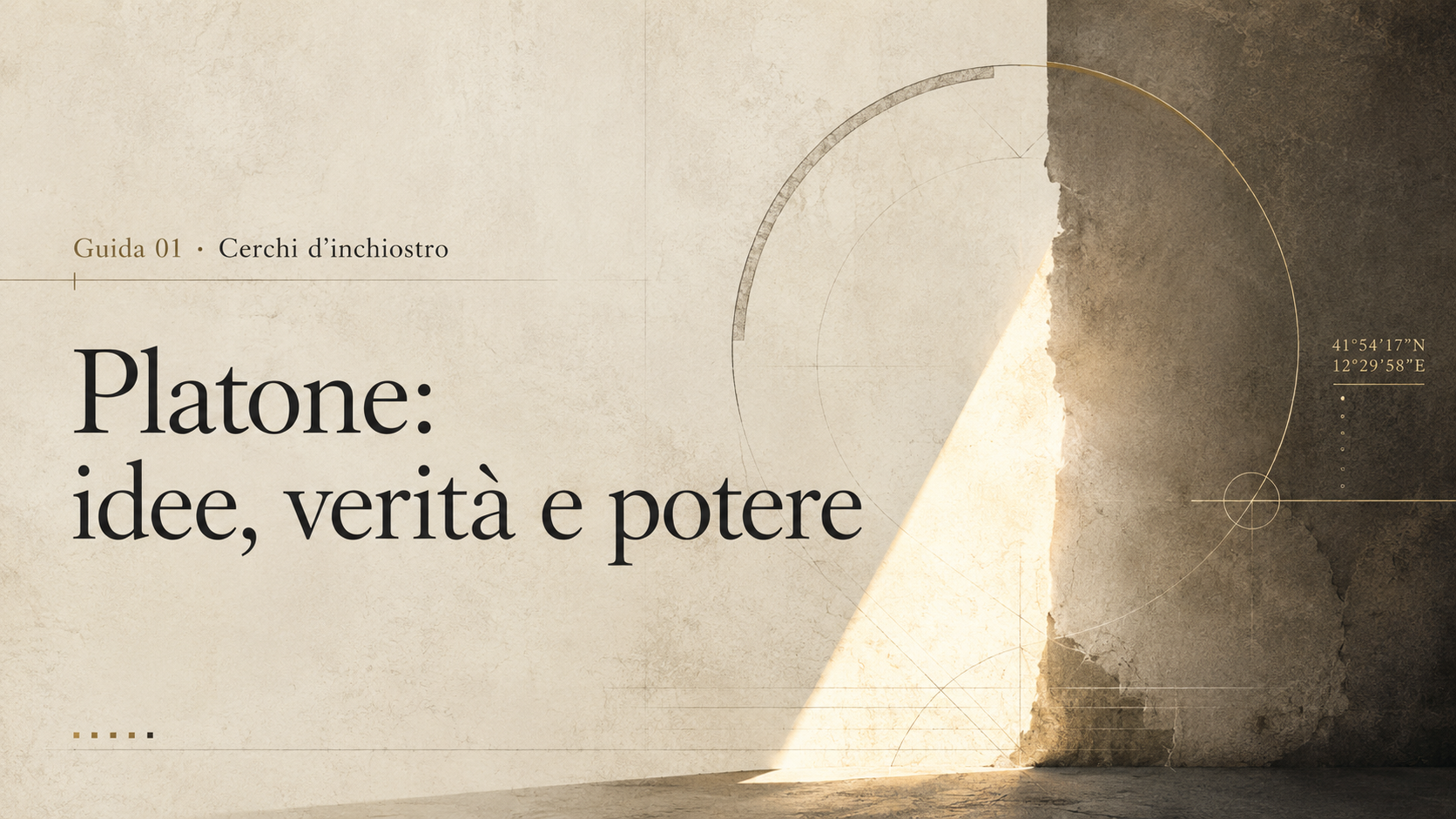 Cover editoriale della guida Platone: idee, verità e potere, con soglia astratta di luce e ombra.