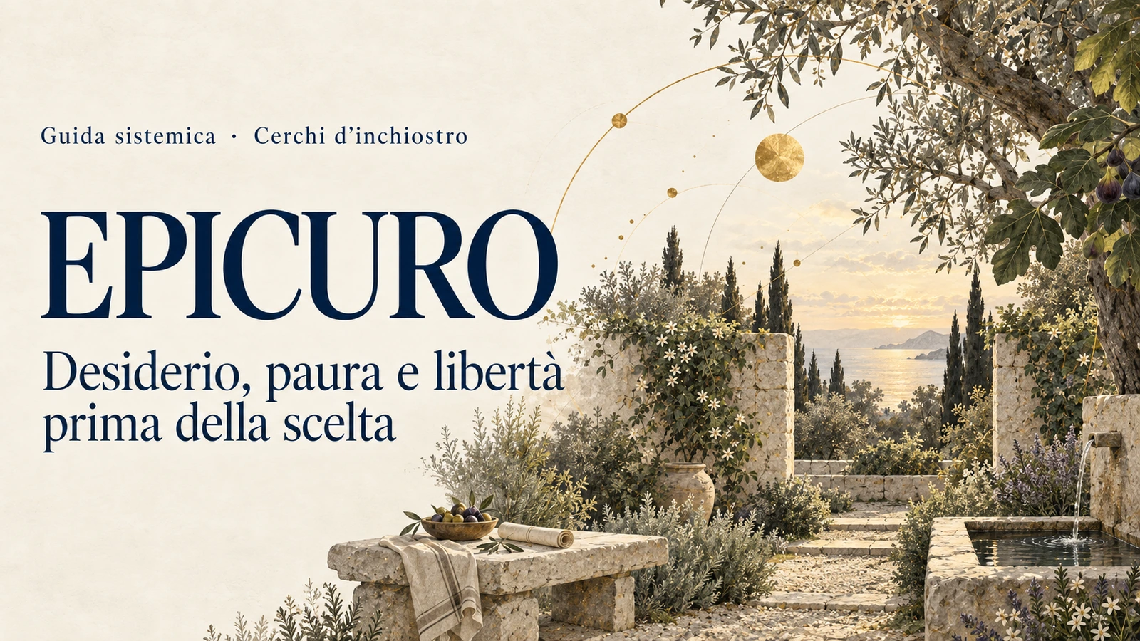 Copertina illustrata della guida a Epicuro, dedicata a desiderio, paura e libertà prima della scelta.