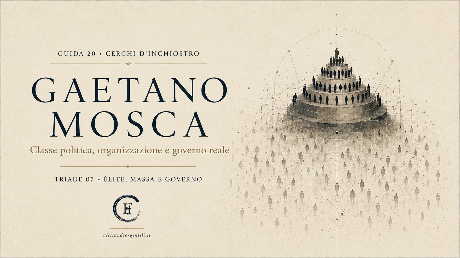 Copertina della guida Cerchi d’inchiostro dedicata a Gaetano Mosca, classe politica, organizzazione e governo reale