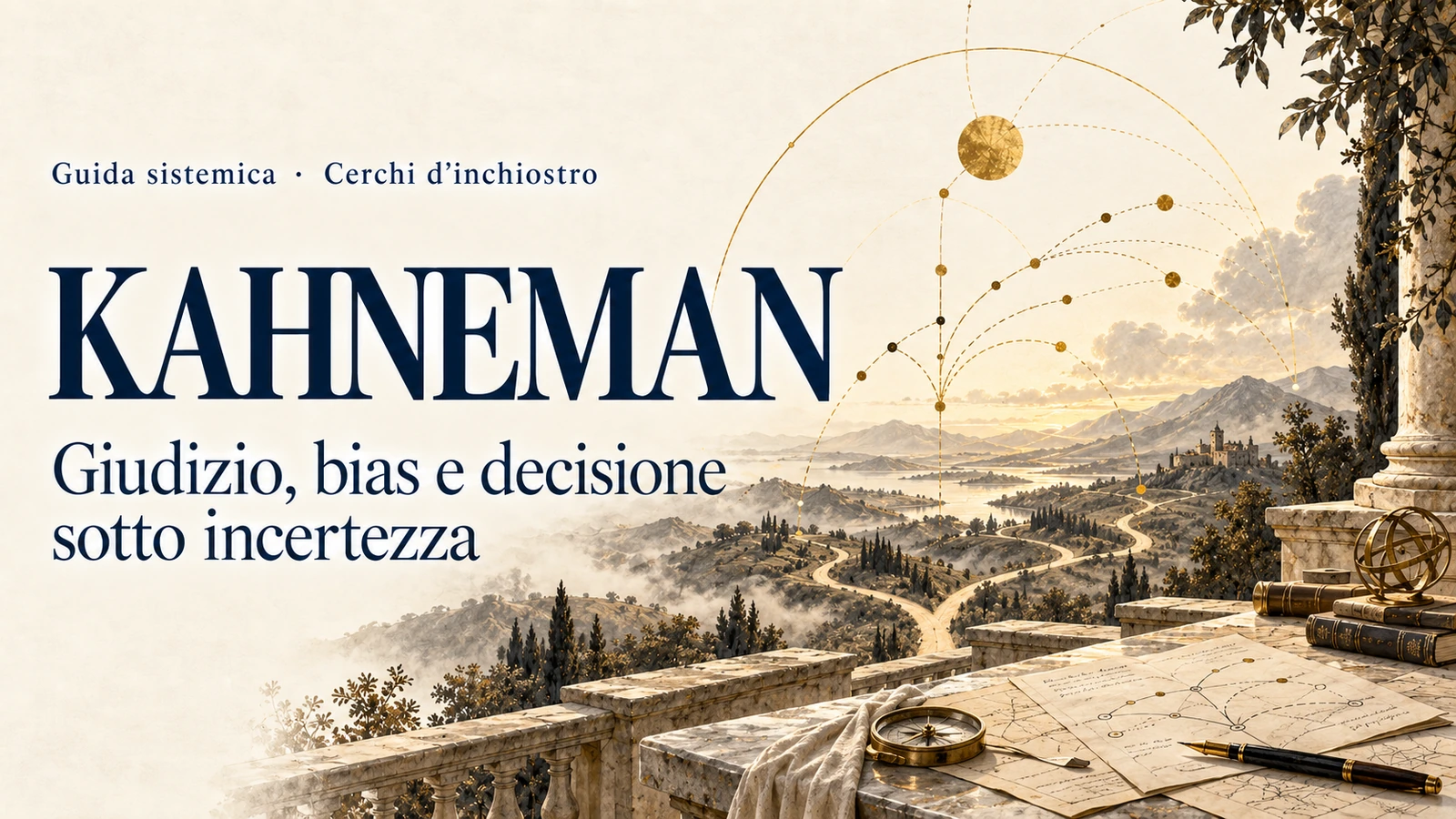 Copertina illustrata della guida a Daniel Kahneman, dedicata a giudizio, bias e decisione sotto incertezza.