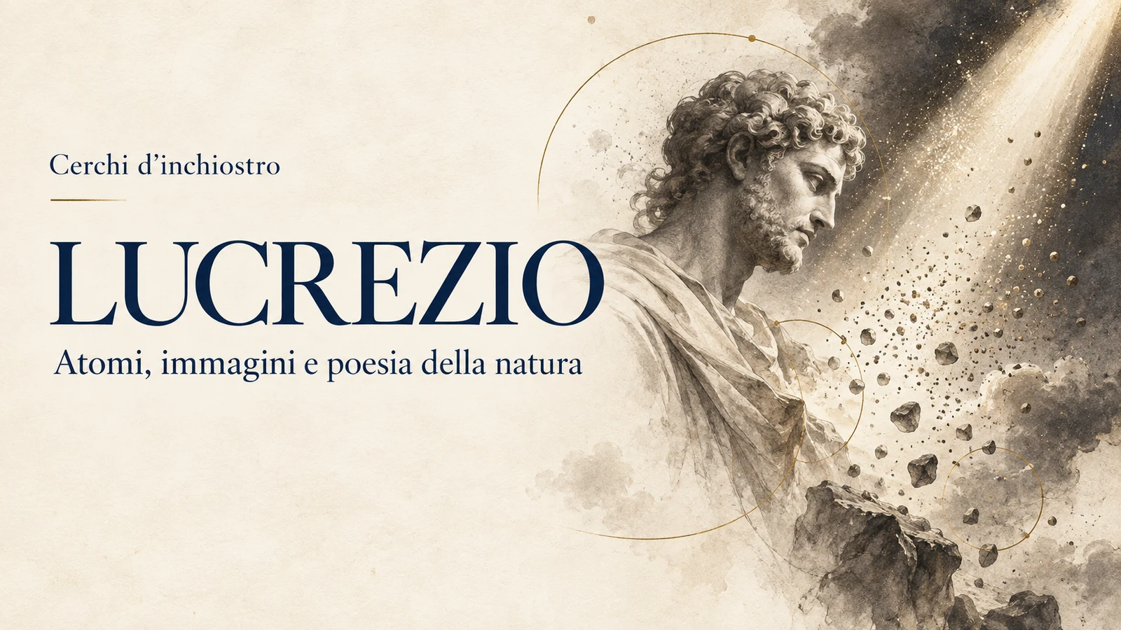 Copertina illustrata della guida a Lucrezio, dedicata ad atomi, immagini e poesia della natura.