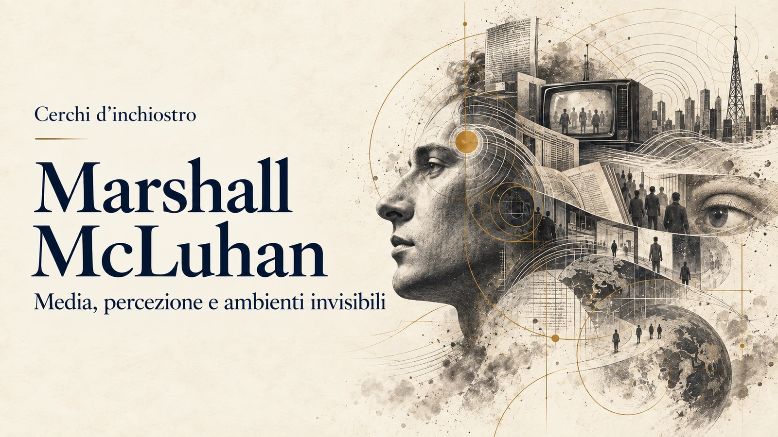 Copertina illustrata della guida a Marshall McLuhan, dedicata a media, percezione e ambienti invisibili.