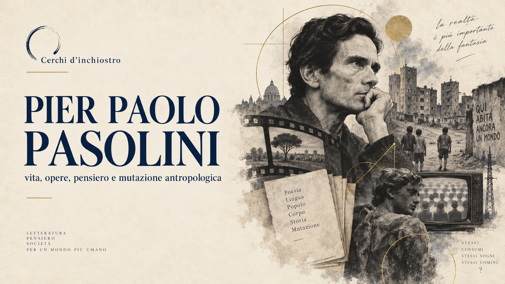Copertina illustrata della guida a Pier Paolo Pasolini, dedicata alla mutazione antropologica e alla pedagogia dell’ambiente.