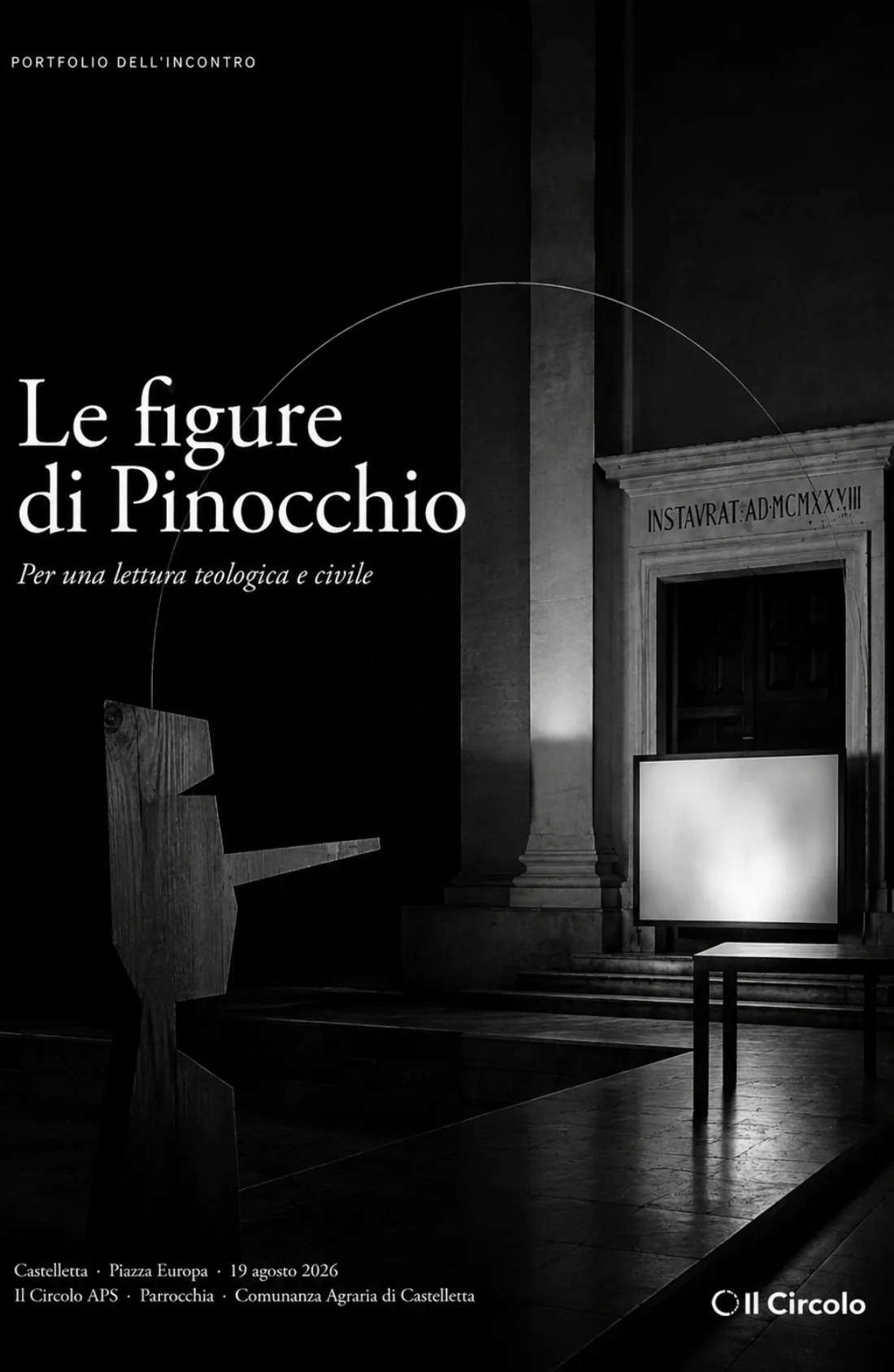 Copertina del portfolio Le figure di Pinocchio, ambientata davanti alla chiesa di Castelletta.