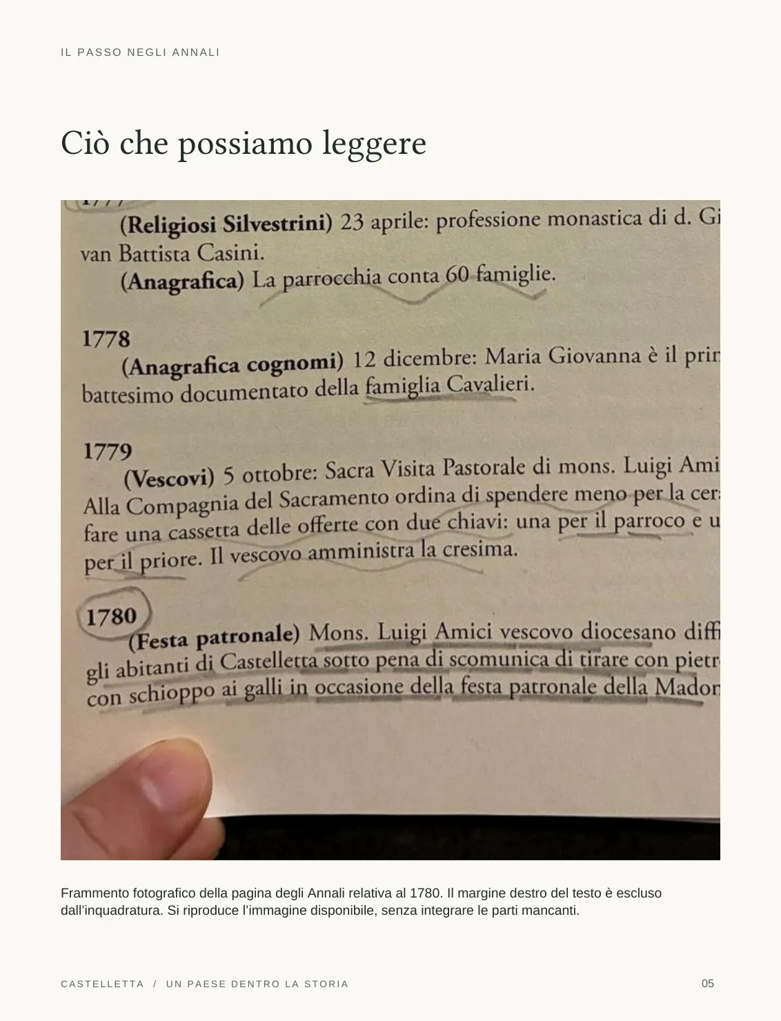 Tavola del dossier con il frammento fotografico della pagina degli Annali relativa al 1780