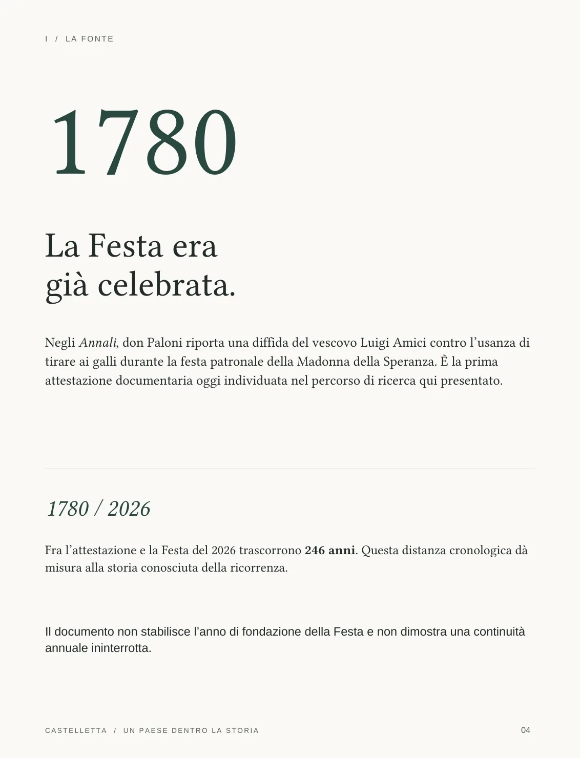 Tavola del dossier con il numero 1780 e la spiegazione della prima attestazione documentaria della Festa