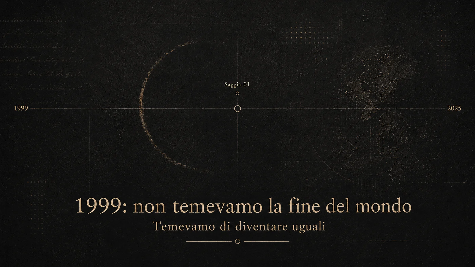 Cover editoriale del saggio 1999: non temevamo la fine del mondo, dedicato a tecnologia, soglia storica e paura dell’omologazione.